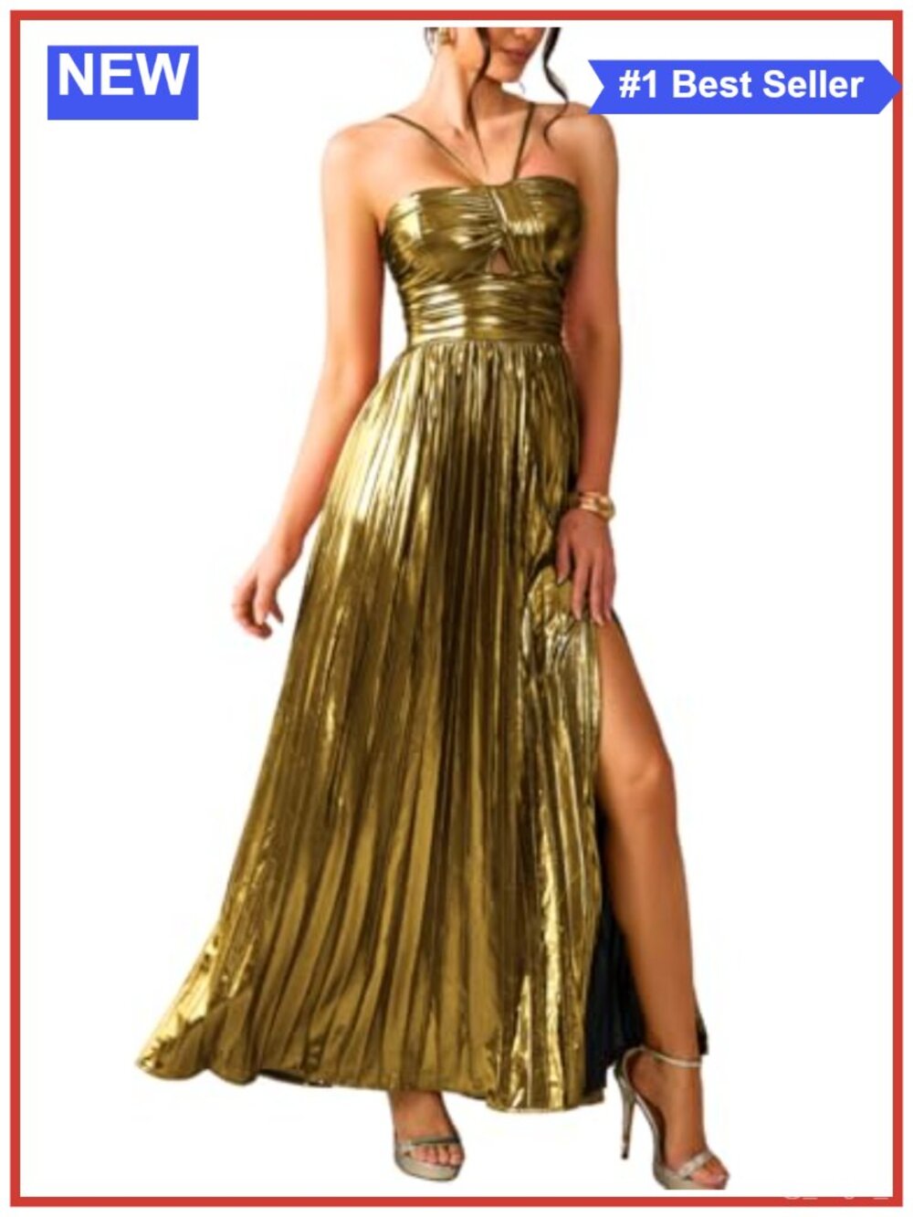 Metallic Halter Maxi Dress Empire Waist Backless High Slit Formal